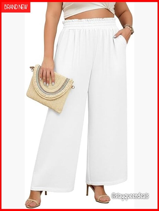 Pants - Plus Size Wide Leg Palazzo Pants Elastic High Waist with Pockets